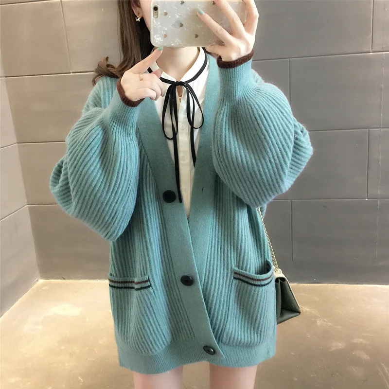 Женский вязаный кардиган Allyzozo Свободный на пуговицах с рукавами фонариками и