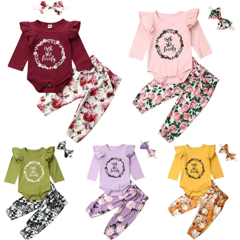 

0-24M Pretty Newborn Baby Girls Clothing Long Sleeve Romper tops Jumpsuit + Floral Pants Leggings Outfits Autumn Winter Baby Set