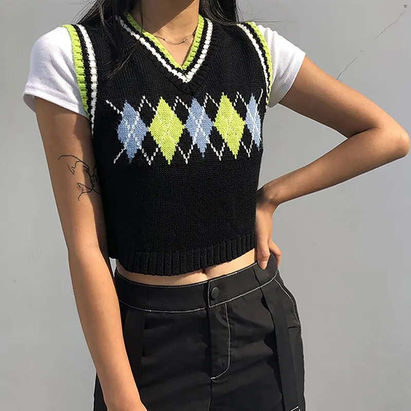 

Big Sale Argyle Plaid Knitted Sweater Vest Female Streetwear Preppy Style Vintage Striped Clothes V Neck Tank Top Y2K Knitwear