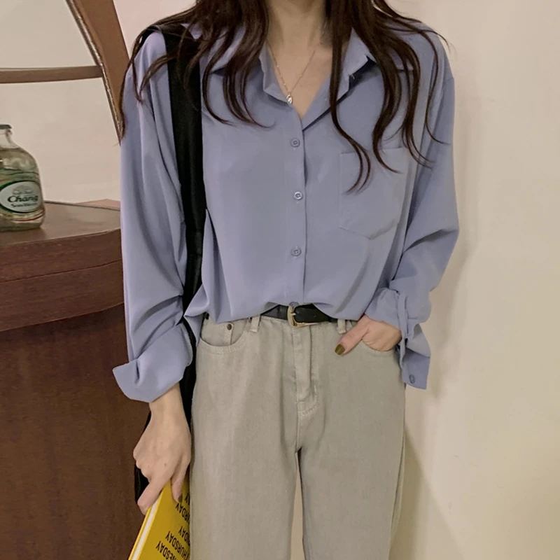 Рубашка шифоновая солево синяя для ранней осени Женский дизайнерский уличный