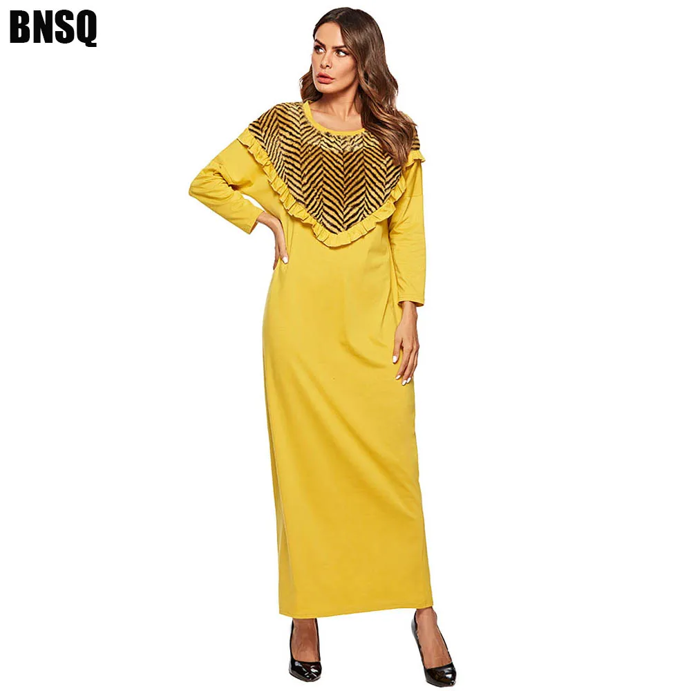BNSQ Средний Восток абайя платье Желтый вязать сшивание Поддельные Плюшевые