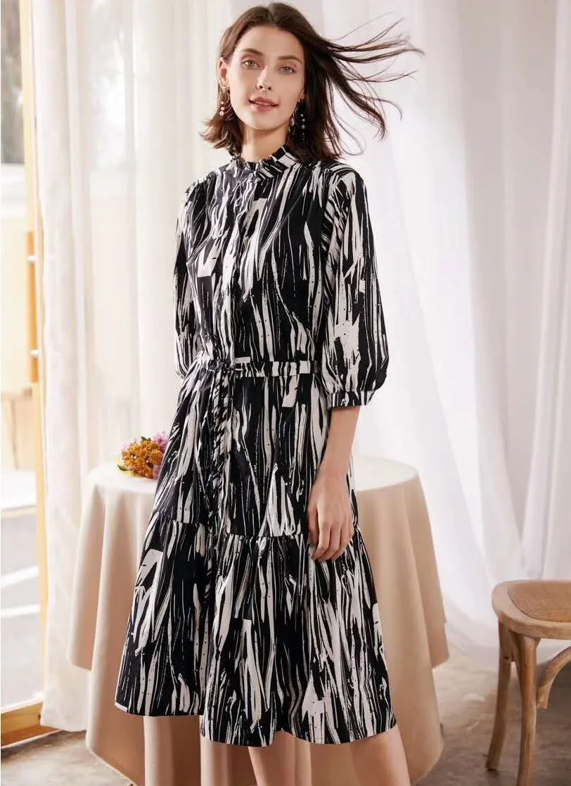 

100%Cotton Dress 2020 Summer Fahsion Style Women Painting Striped Print Patterns Half Sleeve Drawstring Waist Black Green Dress
