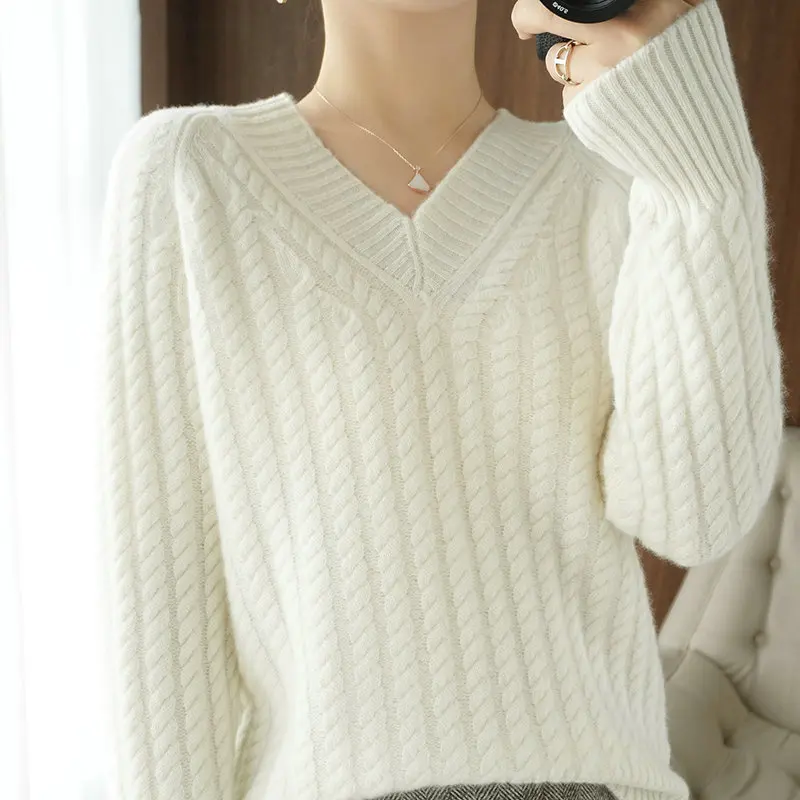 

Lafarvie Winter V Neck Sweater Women Tops Pull Oversize Green Clothes Knit Long Sleeve Vetement Femme Casual Loose Pullovers