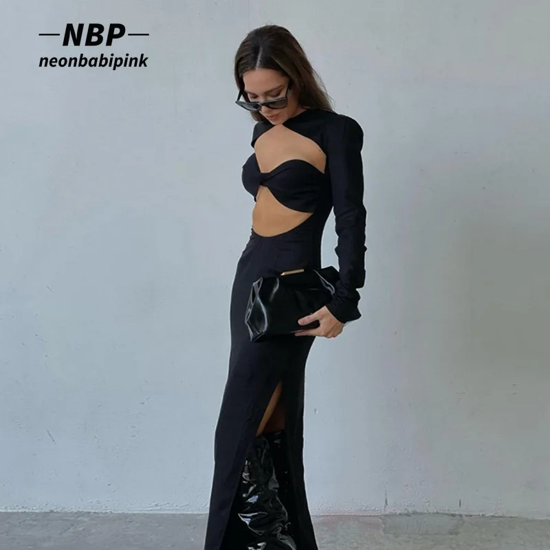 

NEONBABIPNK Fashion Cut Out Long Sleeve Maxi Dress with High Split Black White Outfits for Women Clothing Spring 2022 N71-CC36