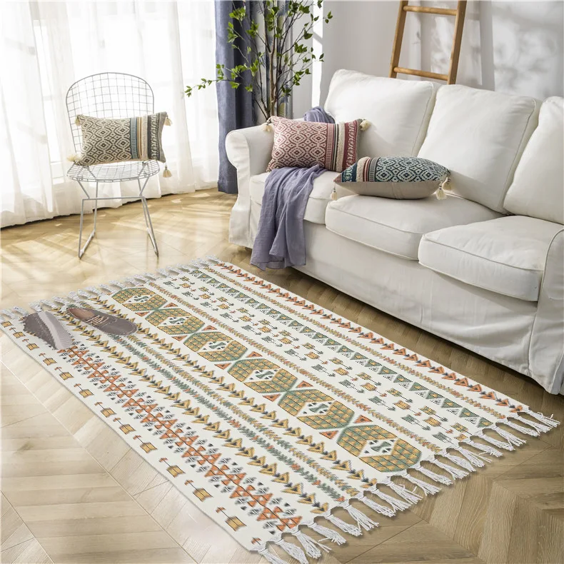 

Cotton and Linen Tassel Woven Carpet Floor Mat Door Bedroom Tapestry Decorative Blanket Tea Living Room Carpet Area Rug