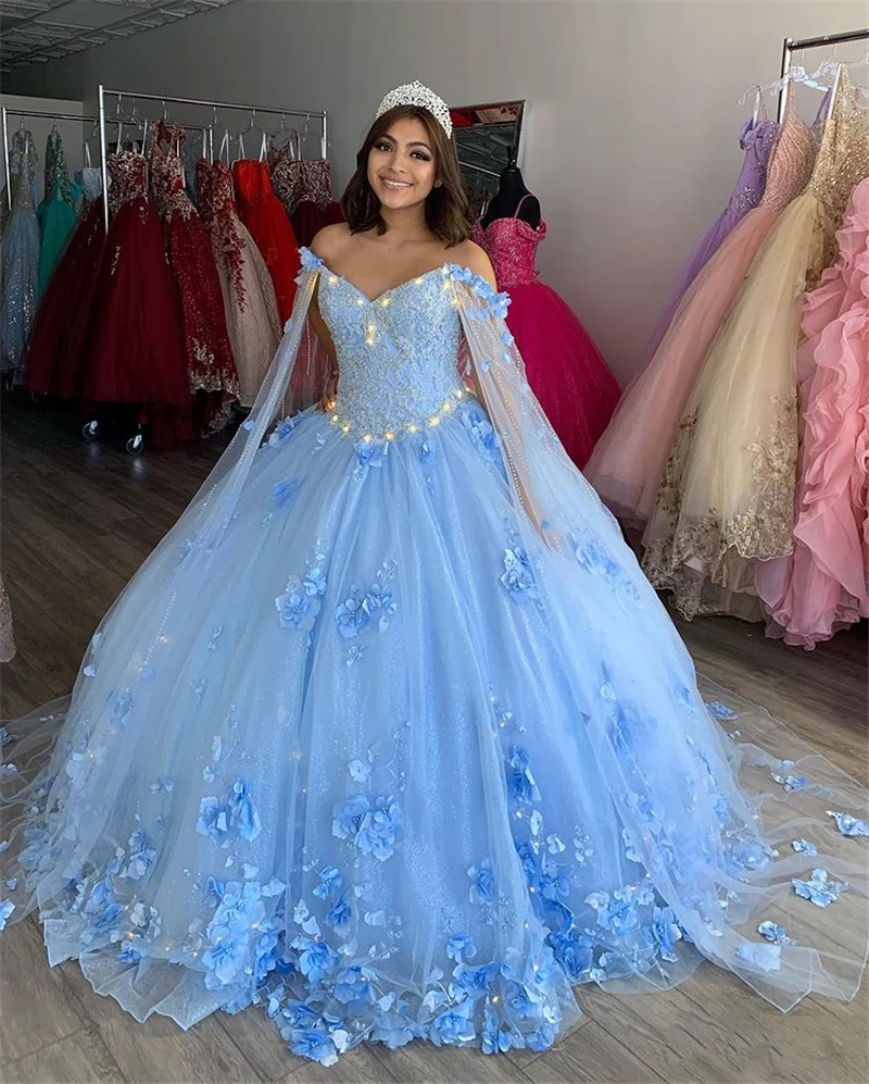 

Luxury Sky Blue Ball Gown Quinceanera Dresses with Dechable Sleeves Sweetheart Tulle Lace Applique Sweet 16 Dress Party Wear