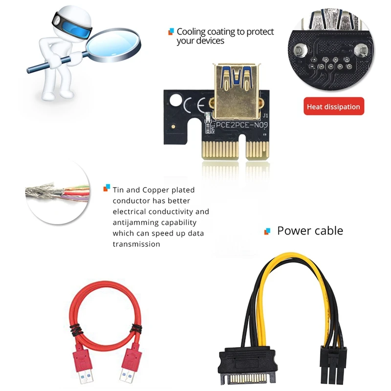

10Pcs PCI-E Riser Card 009S Plus PCIE PCI E Extender GPU X16 USB 3.0 to 6Pin Adapter Cable Mining Riser for Video Card