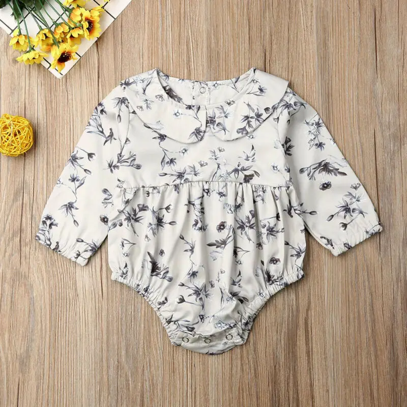 2019 Toddler Newborn Baby Girl Bodysuit Floral Autumn Long Sleeve Peter Pan Collar Jumpsuit Playsuit Clothes Outfits Clothing |