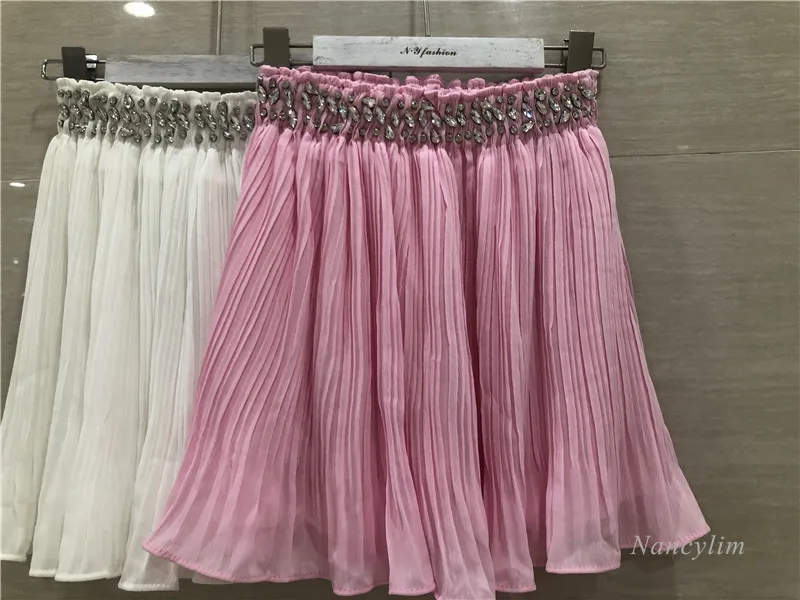 

Summer New Diamond-Studded Chiffon Pleated Skirt Women High Waist Temperament Skirts Female All-Matching Slimming Jupe Femme