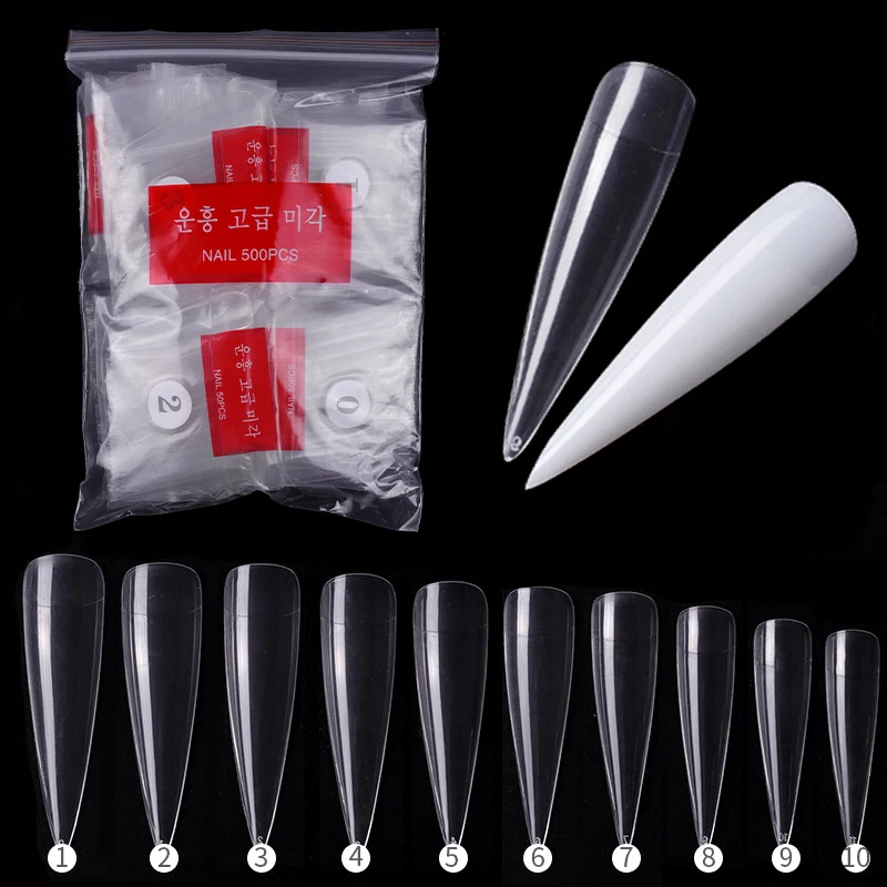 

NEW 500pcs Clear/ Natural False nail tips Stiletto Acrylic Half False Nails ABS Tips Artificial 0 -9 sizes Nail Art Tips tools