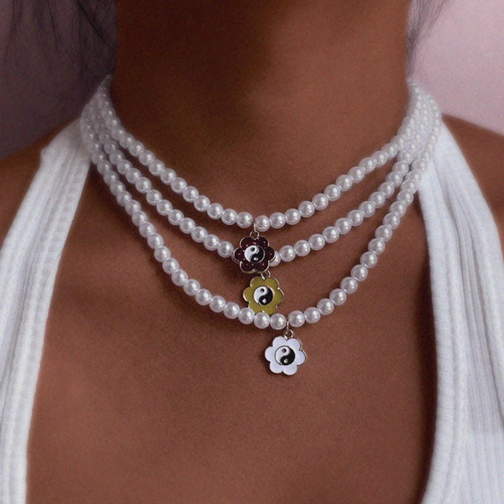 

2021 Candy Color Yin Yang Flower Enamel Pendant Pearl Necklaces For Women Vintage Imitation Pearl Choker Necklace Collar Jewelry