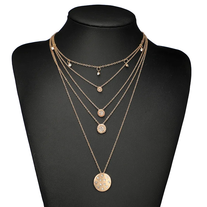 

Geometric Disc Round Diamond Chain Long Five-layer Pendant Necklace