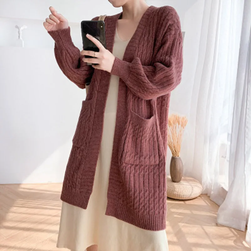 

Lady Autumn Korean Style Loose Midi-length Big Pockets Knitted Cardigan Women Long Sleeve V-neck Beige Casual Rebeca Punto Mujer