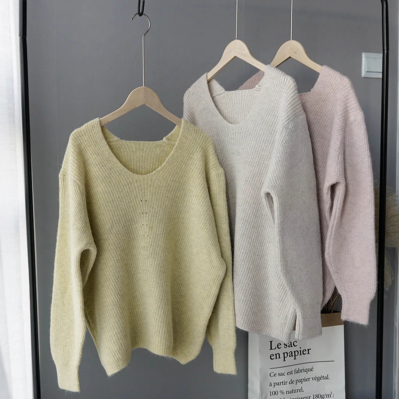 Женский вязаный свитер Lazy Wind теплый толстый розовый пуловер с v-образным вырезом