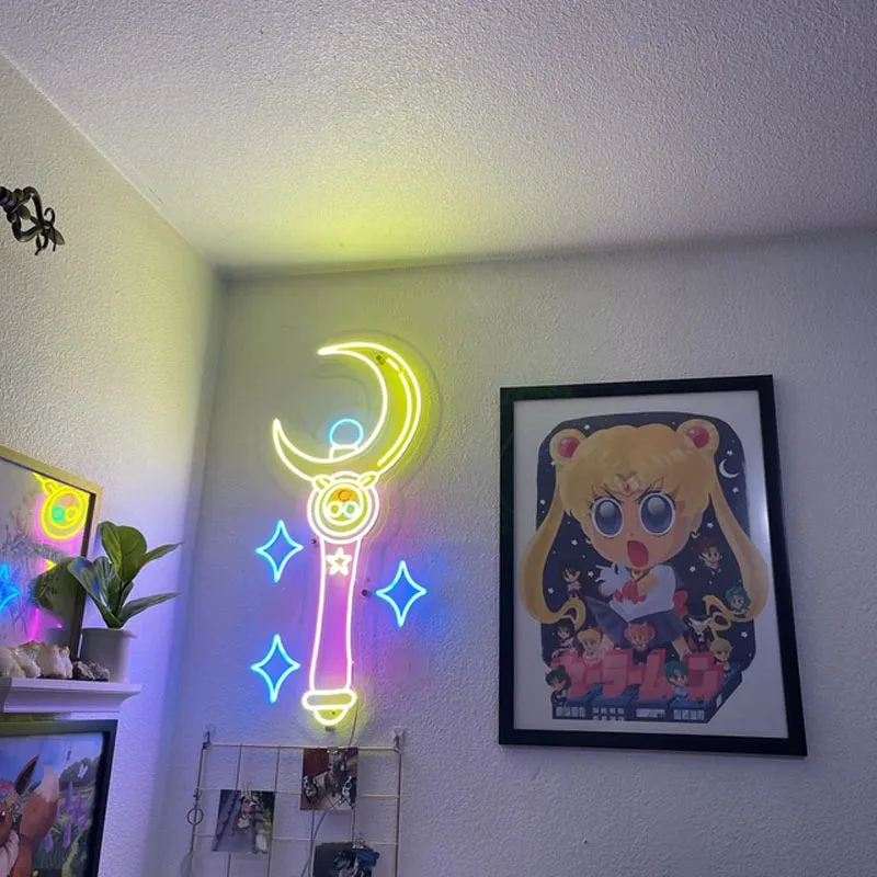 Letrero de neón personalizado de Sailor Magic Stick, Chica de Anime de Luna, regalos de decoración para habitación, dormitorio, Anime, decoración para habitación, videojuego, luz de neón