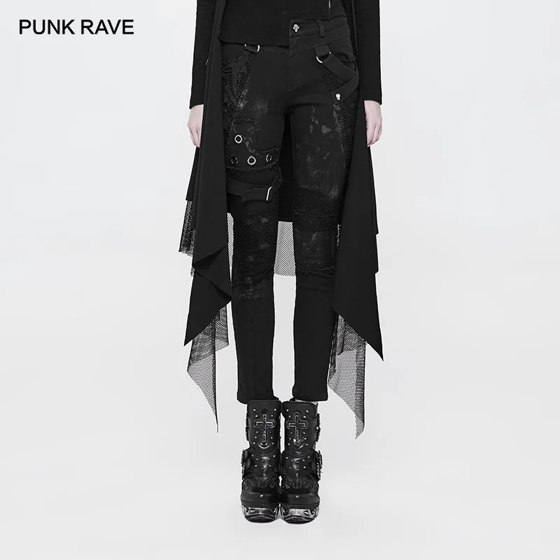 PUNK RAVE Women's Punk Rock Biker Fashion Personality Dilapidated Streetwear Casual Women Black Pants Broken Mesh Trousers | Женская