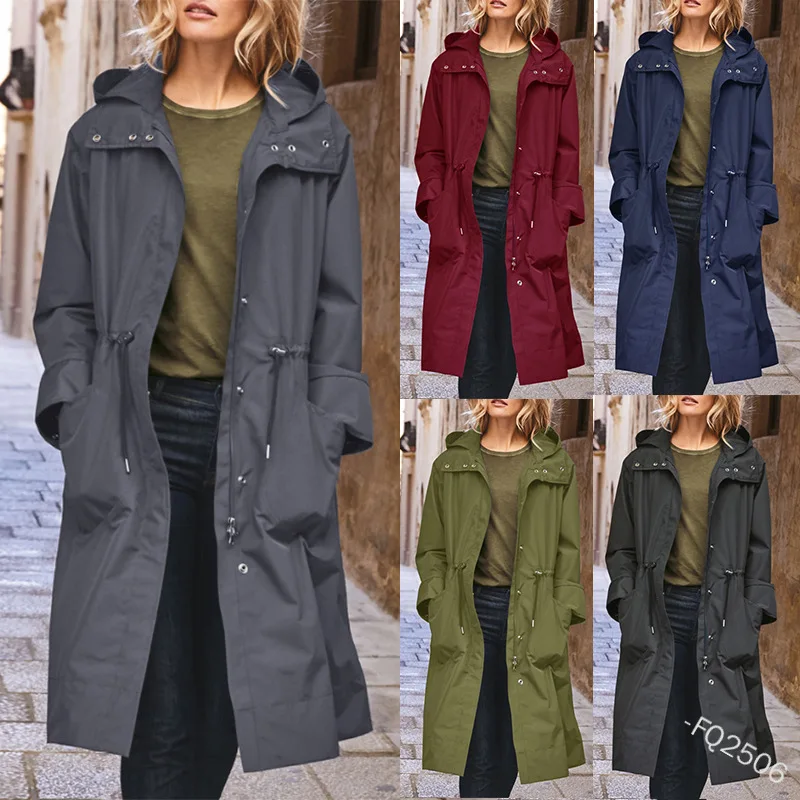 

Plus Size Tooling Trench Coat Women Drawstring Hooded Spring Autumn Fashion Turn-down Collar Zipper Windbreaker Lugentolo