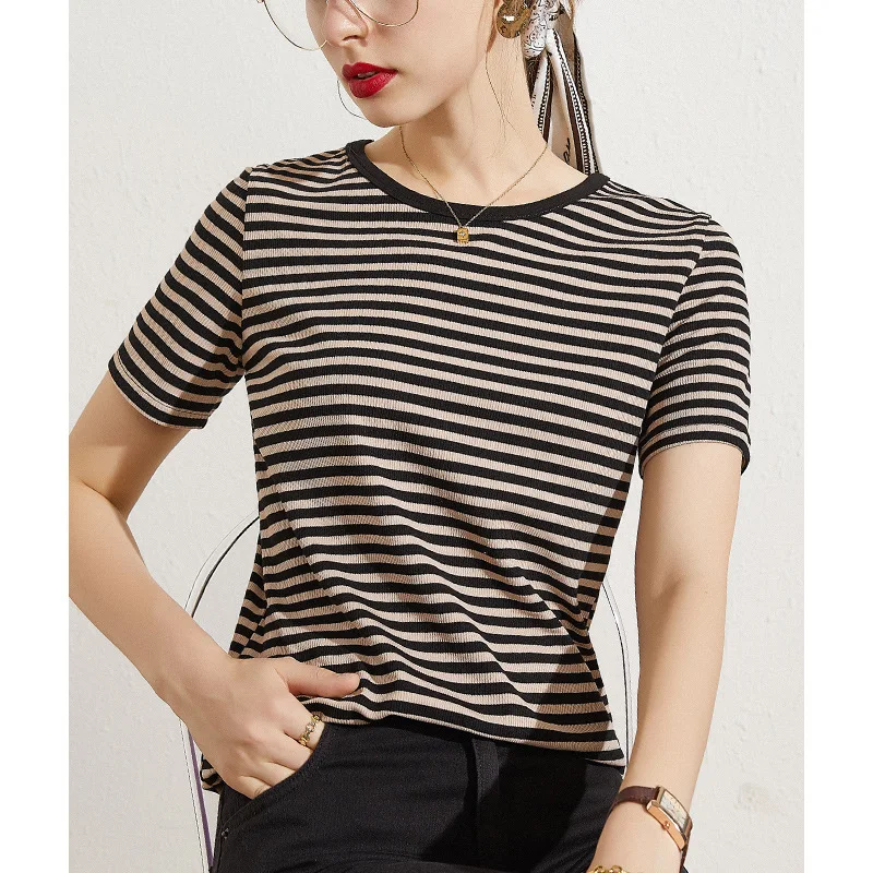 

Loose Blue Short-sleeved Office Work Striped Cotton Round Neck Pullover Women's T-shirt Women's Summer 2021 New Tops AE0133