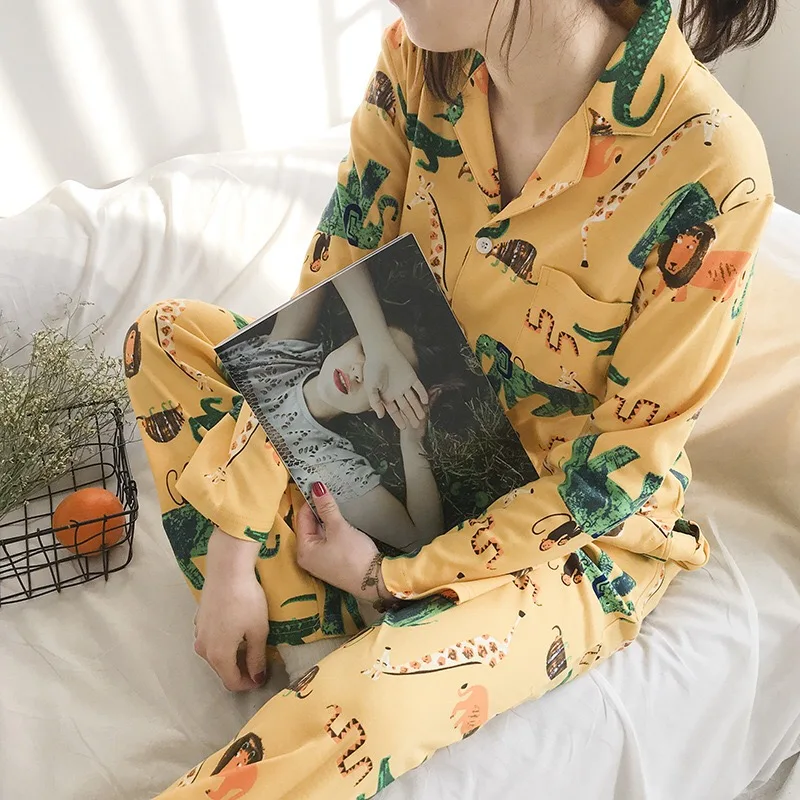 

New Women Pajamas Sets 100% Cotton Nightwear Spring Autumn Long Sleeve PyjamasTurn-down Collar Sleepwear Female Pijamas Elephant