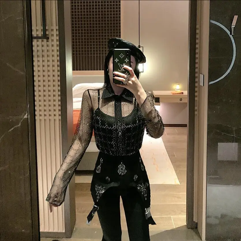 2020 новая весенняя рубашка с длинным рукавом и подтяжками сексуальная сетчатая