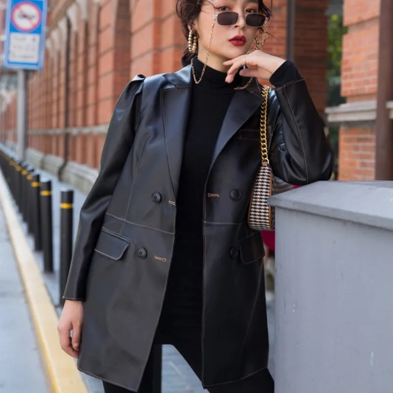 

Fashion Office Ladies Pu Leather Blazer Jacket Belted Slim Double Breasted Mid Long Suit Coat Women Vintage Faux Leather Jackets