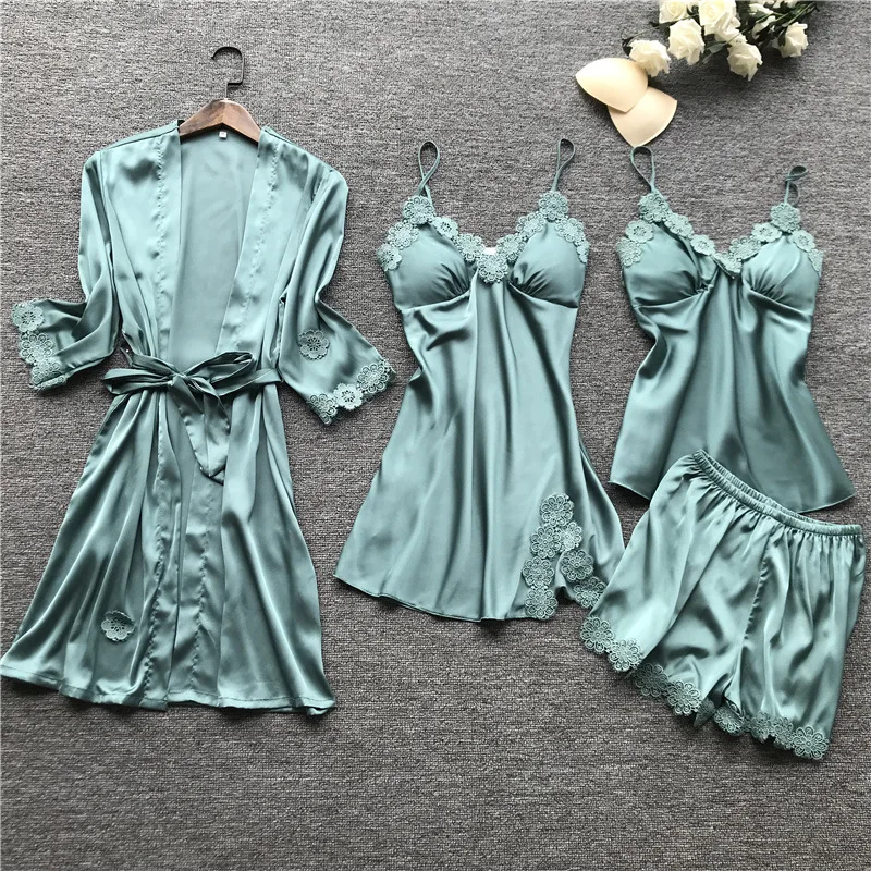 Пижама Daeyard женская с цветочной аппликацией комплект из 4 предметов шелковая