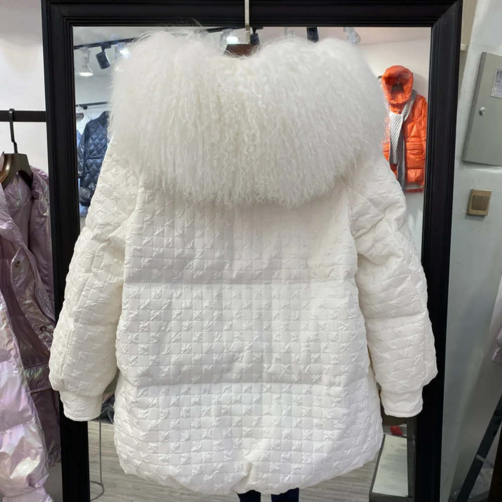 Пуховик женский зимний с воротником из натурального меха ягненка 2021 90% | Женская