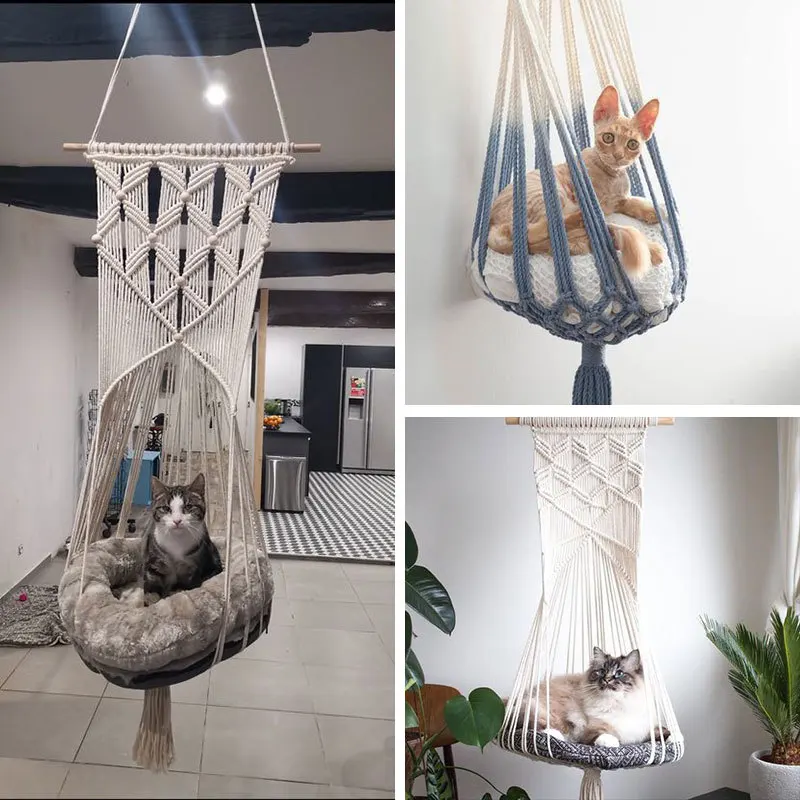 

Pet Cat Hammock Bed Cage Swing Handwoven Tapestry Hanging Macrame Living Room Home Decoration No Mat Love Pet Hanging Basket