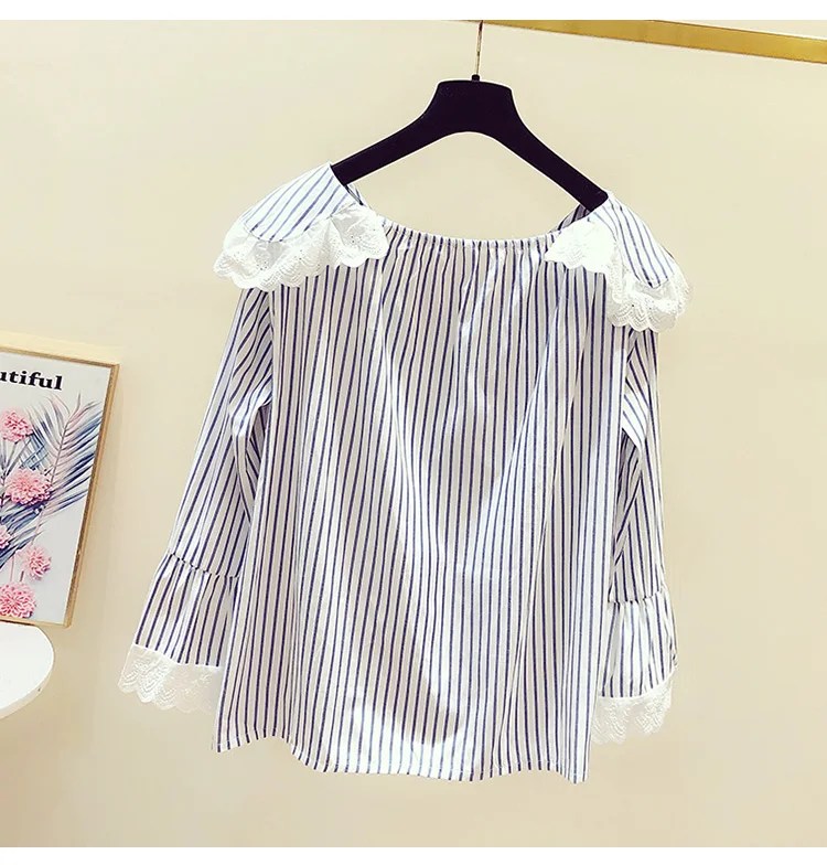

2021 Spring New Korean Style Fresh Striped Shirt Women's Casual Lace Doll Collar Flare Sleeve Blouse Fashion Tops Camisas Mujer