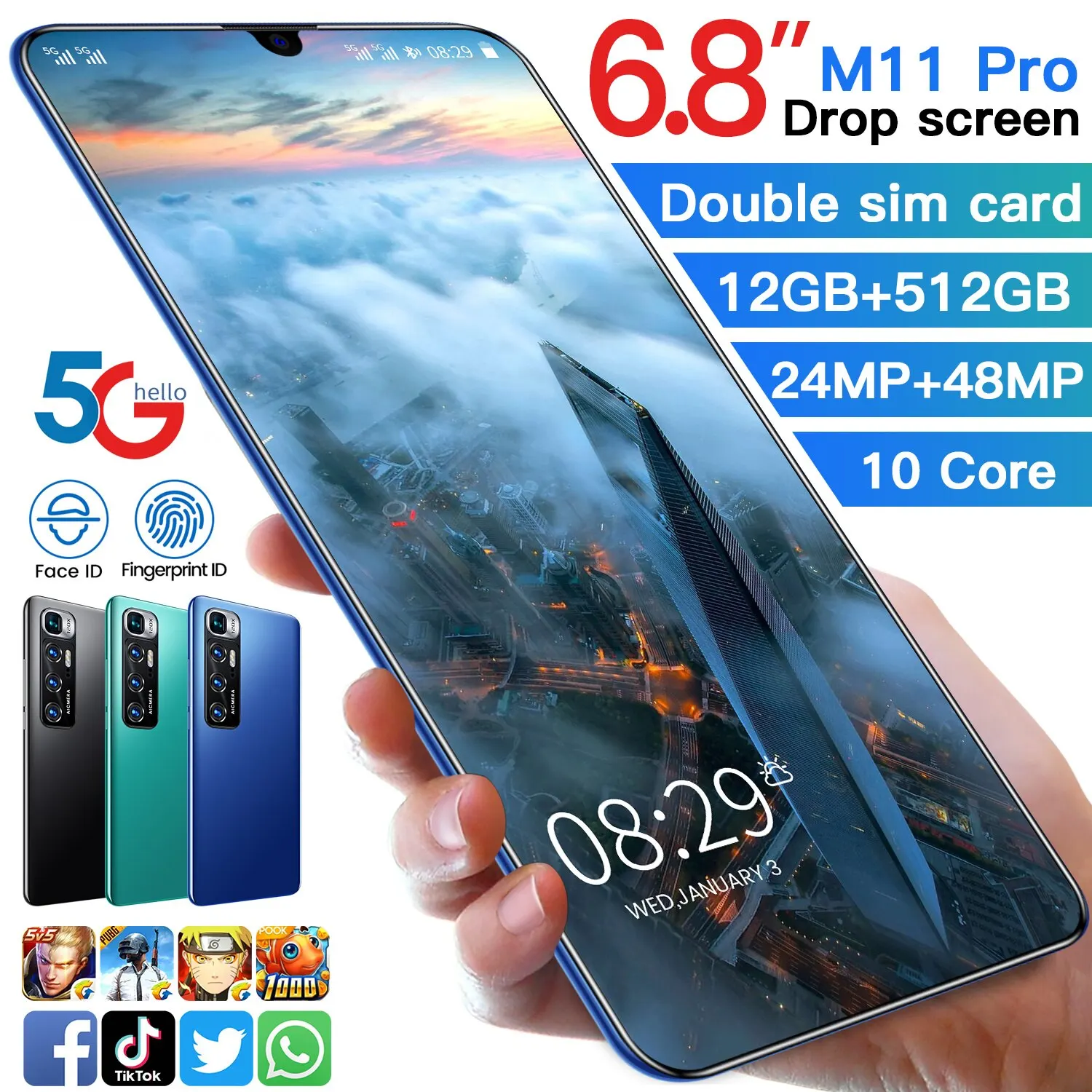 

Global Version M11 Pro 6.8 Inch Smart Phone Android 12-512GB 5000mAh Dual Sim Full Screen Unlocked Mobile Phone MTK 6889 10 Core