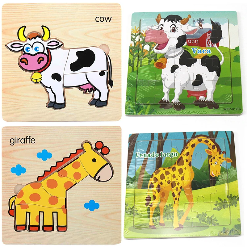 Пазлы детские деревянные 3D Мультяшные животные пазлы из дерева интересные