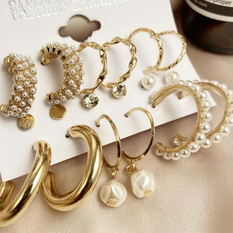 

2021 Korean Jewelry Zircon Temperament Geometric Pearl Earrings Set Party Accessories for Women 6 Pcs/set