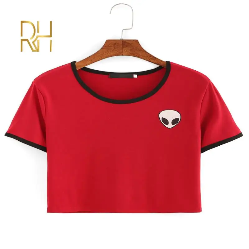 Кроп топ с милым принтом инопланетянина новинка летняя женская футболка круглым
