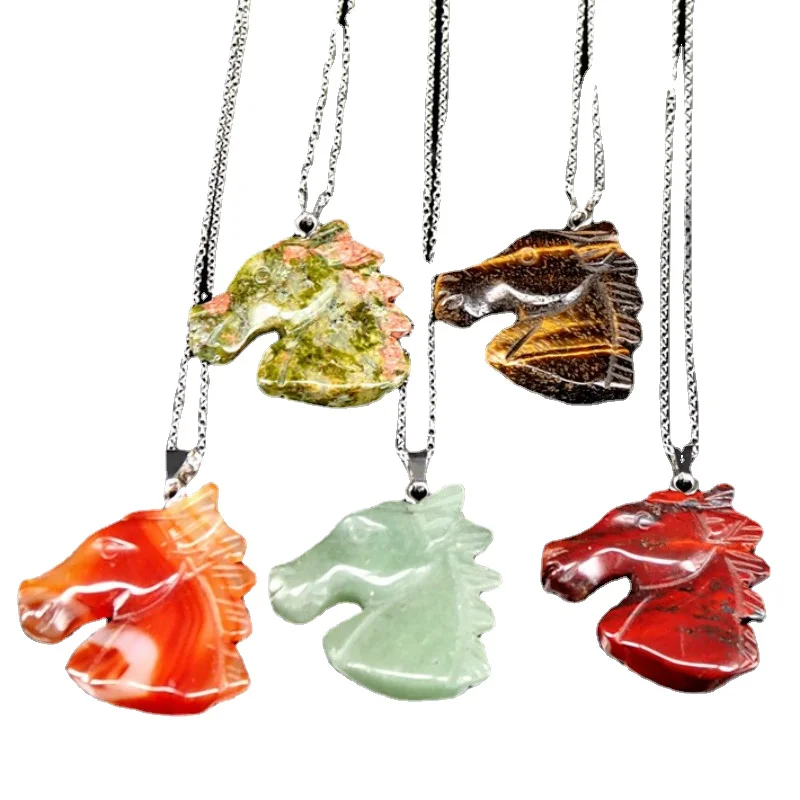 

Animal Horse Head Pendant Necklace Natural Crystal Carved DIY Sweater Chain Jewelry Accessories Men and Women Jewelry Necklace