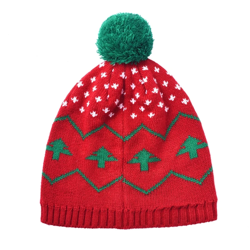 

67JF Snowflake Wool Red Green Hat Knitted Beanie Hat Christmas Hat Winter Accessories