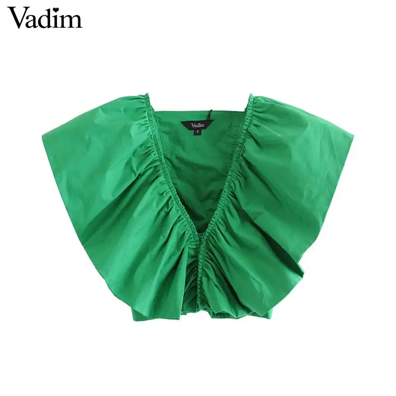 Женский укороченный топ с оборками Vadim зеленая блузка без рукавов v образным