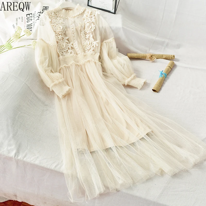 Кружевное газовое платье с цветочным узором и рукавами-фонариками для женщин 337