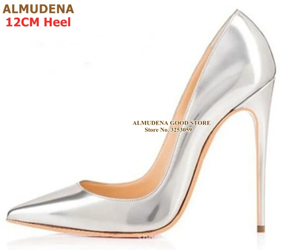 12cm heel silver ALMUDENA/фиолетовые туфли-лодочки из лакированной кожи с острым носком свадебные туфли без застежки с закрытым носком 12 см вечерние туфли на высоком каблуке 10 см, 8 см туфли-лодочки, размер 45 - Цвет: 12cm heel silver