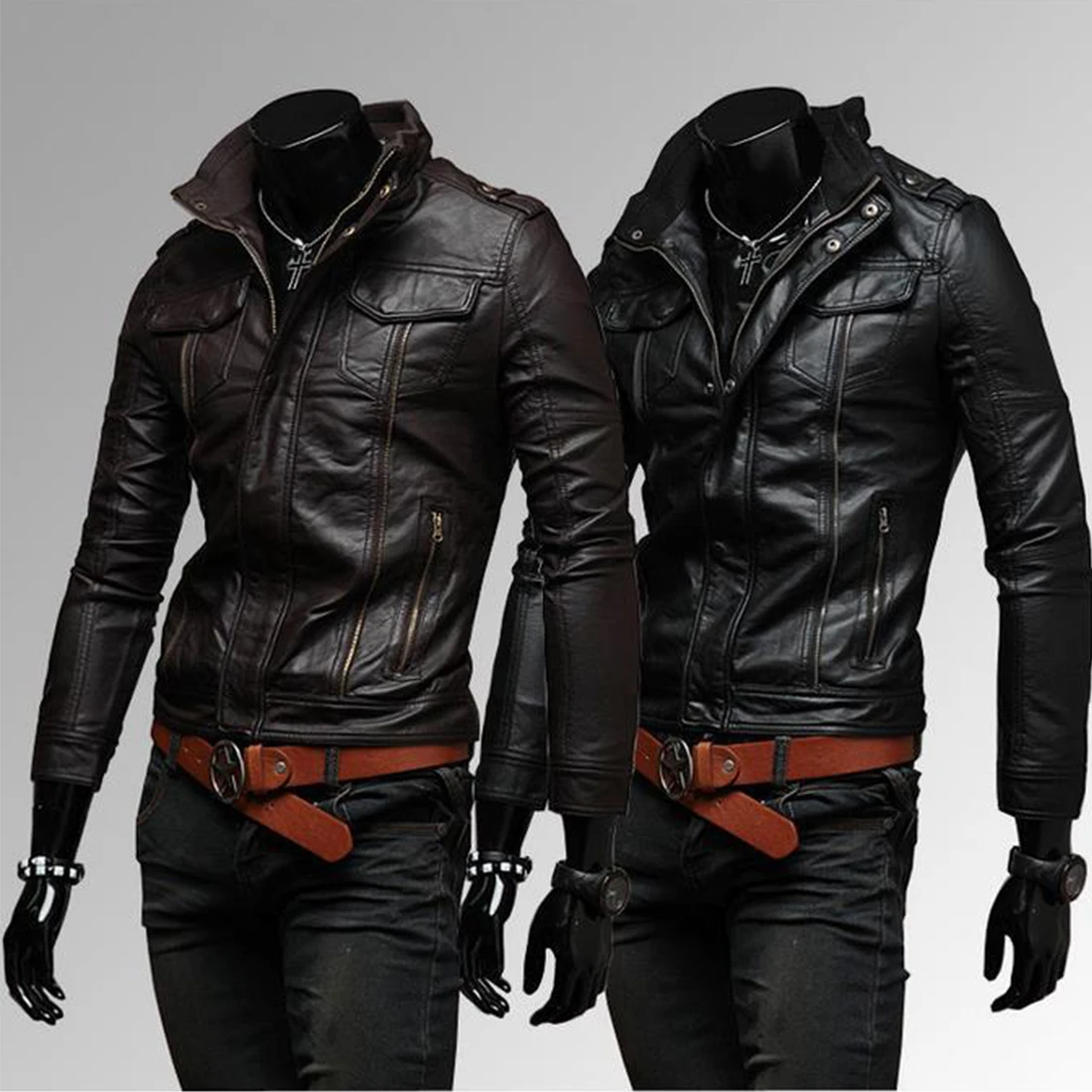 

Men Slim Fit Motorcycle Coat Zipper Pu Leather Wear Mandarin Collar Long Sleeve Spring Autumn Fabala Long Sleeve Pocket
