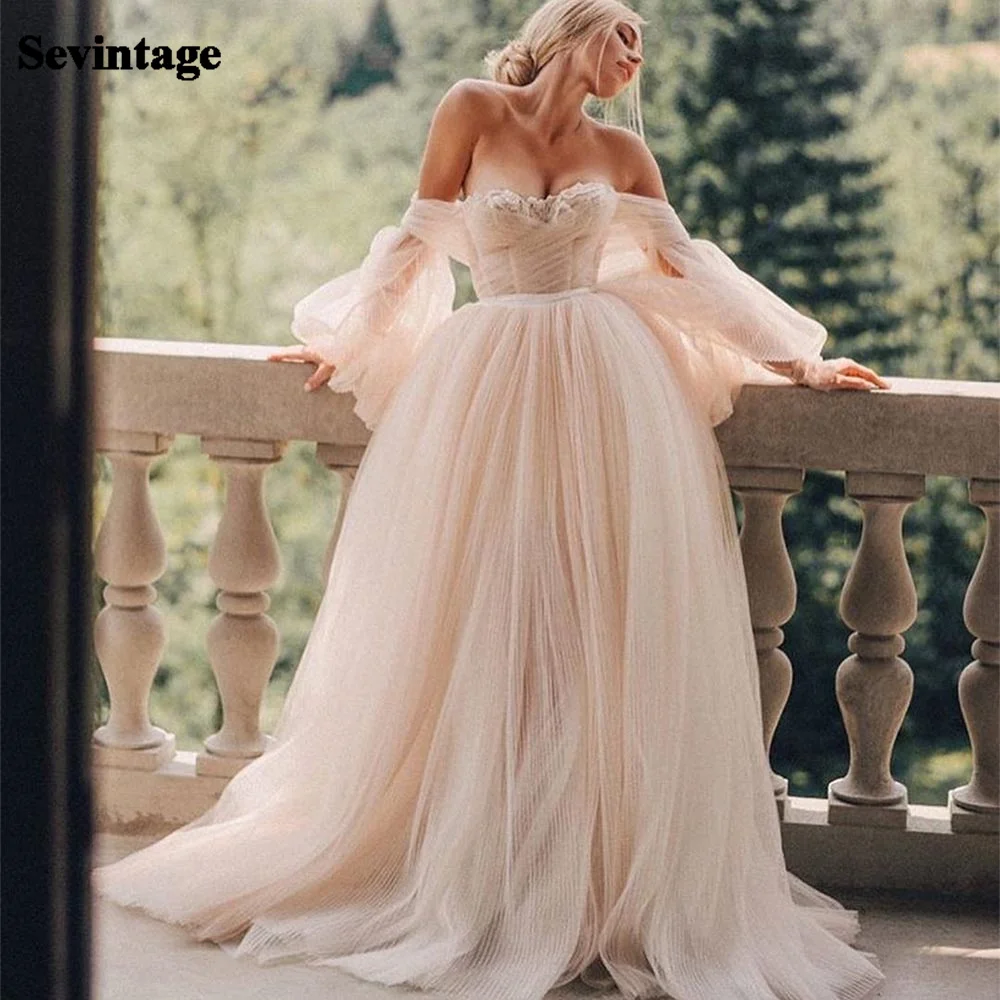 Фото Женское ТРАПЕЦИЕВИДНОЕ свадебное платье Sevintage розовое Тюлевое с длинными