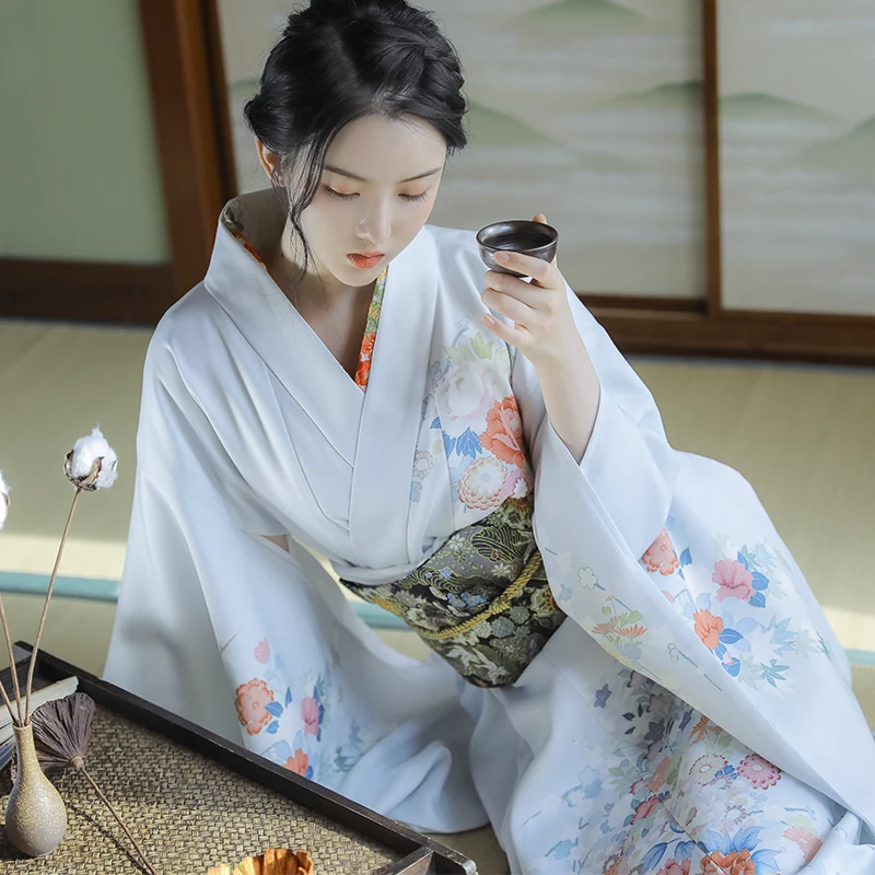 

Japanese Traditional Long Sleeve Kimono Light Blue Color Ballroom Dress Floral Prints Yukata Cosplay Wear Performing Cloth