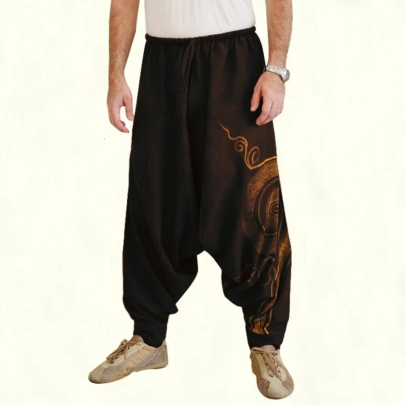 Men Chinese Style Print Bloom Harem Pants Japanese Loose Wide Leg Trousers African Indian Bottoms Pirate Viking Medieval Costume |