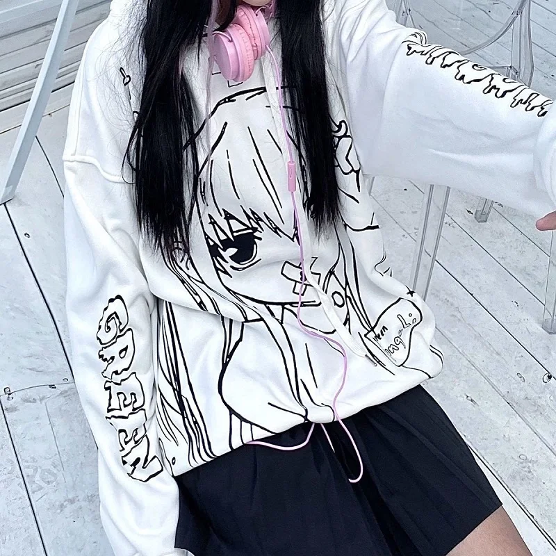 

Japanese winter two-dimensional animation graffiti hooded fleece sweater loose jacket Pullover Women's sweatshirt Kawaii clothes