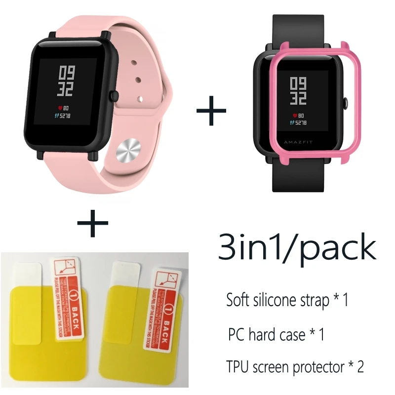 Pink-pink case Мягкий силиконовый ремешок на запястье с полным защитным чехлом для Xiaomi Huami Amazfit Bip BIT 20 мм ремешок для часов Крышка для часов из смолы - Цвет: Pink-pink case