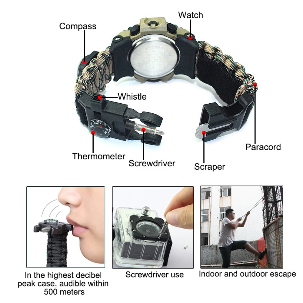 Goedkoop Outdoor Survival Horloge Tactische Armband Horloge Met Kompas Schraper Thermometer Camping Gereedschap