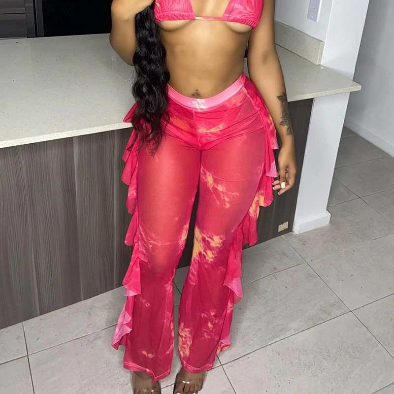 

Simenual Pink Ruffles Tie Dye Mesh Swag Straight Pants Clubwear Party High Waist Long Trousers See Through Sexy Hot Baddie Pants