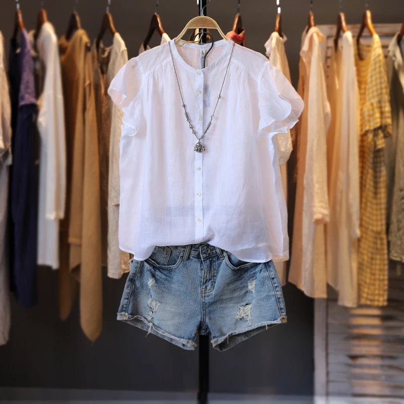 

Summer New Women Loose Plus Size All-match Vintage Striped Natural Fabric Comfortable Lightweight Linen White Shirts/Blouses