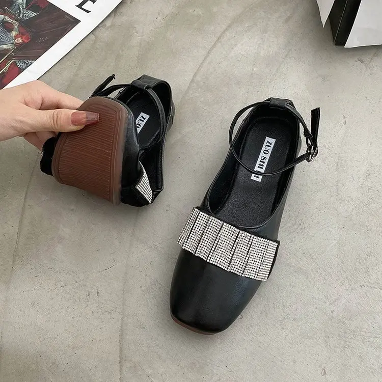 Women Closed Toe Square Heels Slip on Shoes Female Rhinestone Design Pumps Fashion Elegant Buckle Strap Sandals