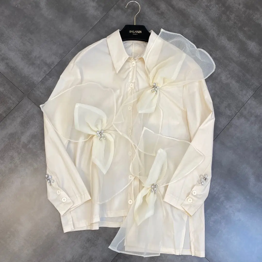 Lapel Long Sleeve Organza Bowknot Diamond-studded Loose Casual Women's Shirt Women 2021