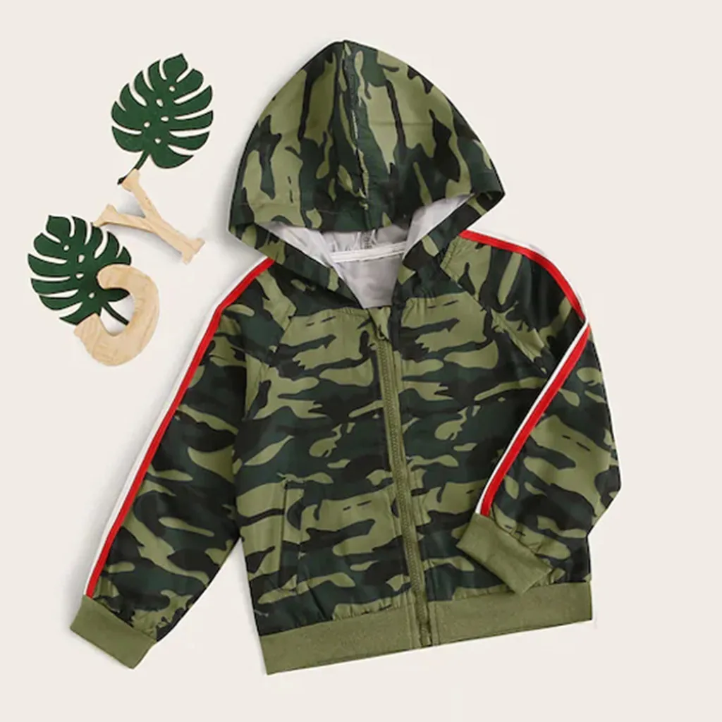 Детское камуфляжное пальто с капюшоном на молнии в полоску для маленьких